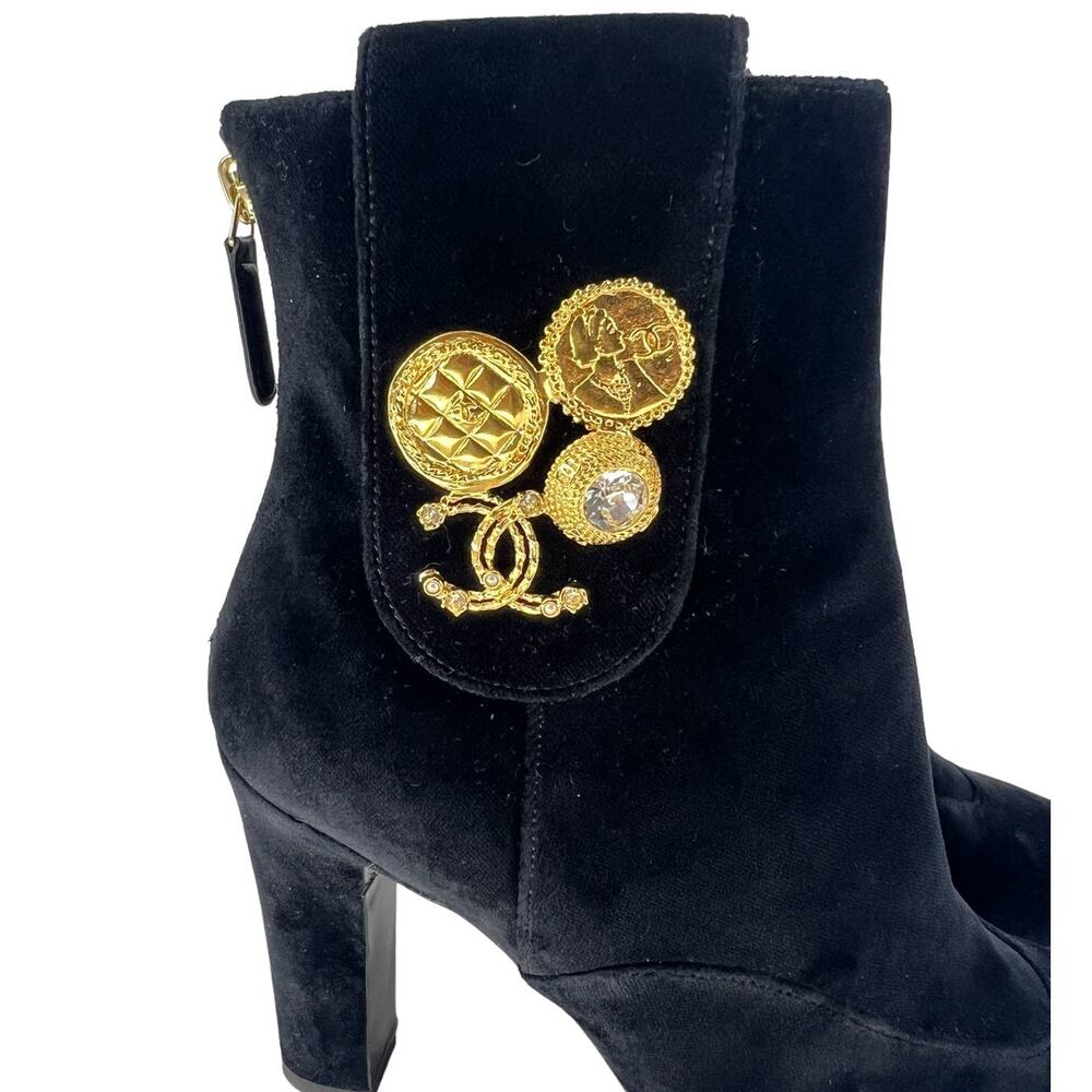 CHANEL Black Velvet Ankle Boots with Gold CC Medallion - Picture 6 of 16